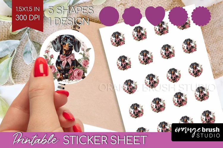 Floral Dog Round Sticker - Flowers Printable Sticker Sheet