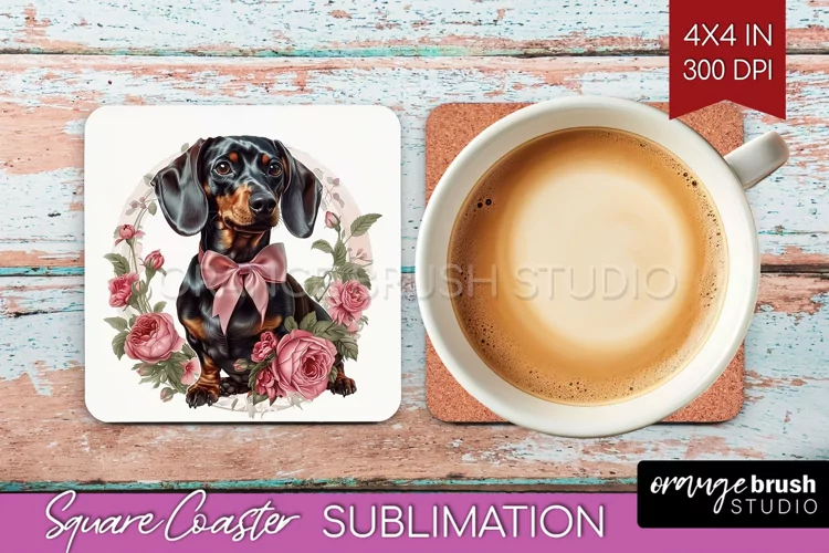 Floral Dog Square Coaster - Flowers Coaster PNG Sublimation