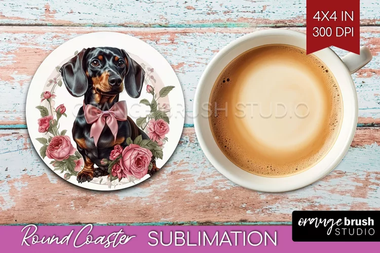 Floral Dog Round Coaster - Flowers Coaster PNG Sublimation