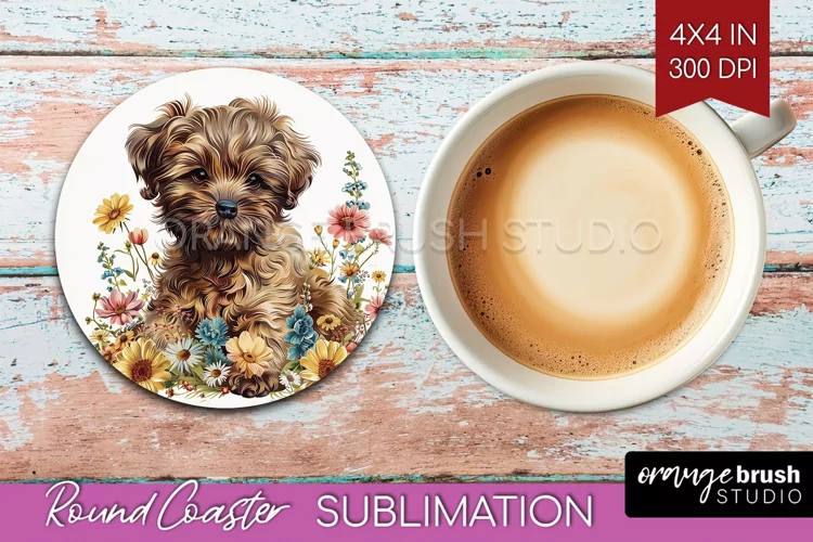Floral Dog Round Coaster - Flowers Coaster PNG Sublimation