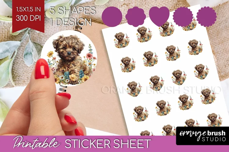Floral Dog Round Sticker - Flowers Printable Sticker Sheet