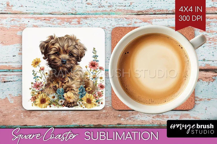 Floral Dog Square Coaster - Flowers Coaster PNG Sublimation
