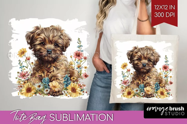 Floral Dog Tote Bag - Flowers Tote Bag PNG Sublimation
