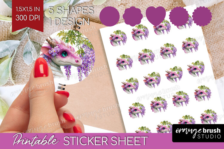 Floral Dragon Round Sticker - Fantasy Printable Sticker example image 1