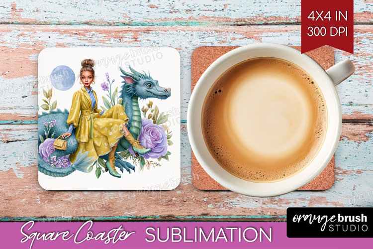 Floral Dragon Square Coaster - Fantasy Coaster PNG