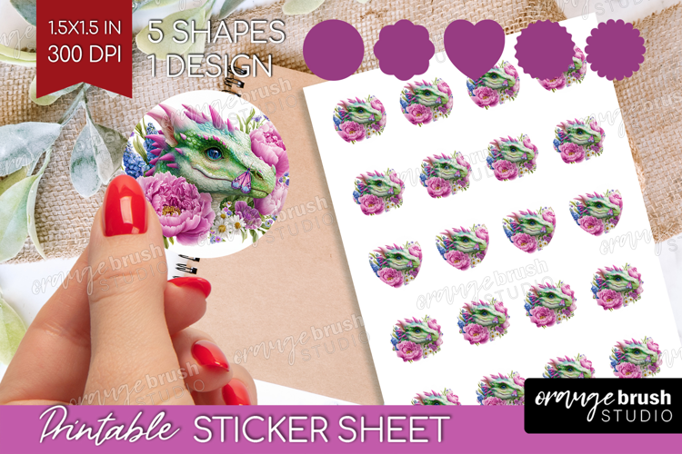 Floral Dragon Round Sticker - Fantasy Printable Sticker