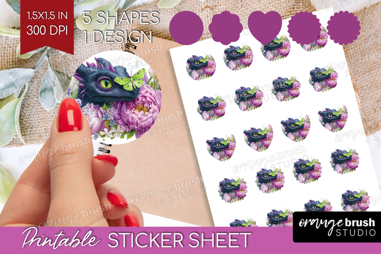 Floral Dragon Round Sticker - Fantasy Printable Sticker