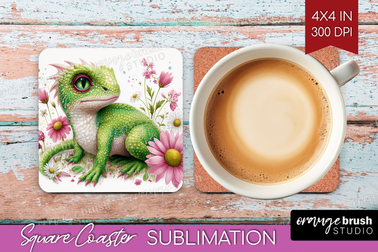 Floral Dragon Square Coaster - Fantasy Coaster PNG