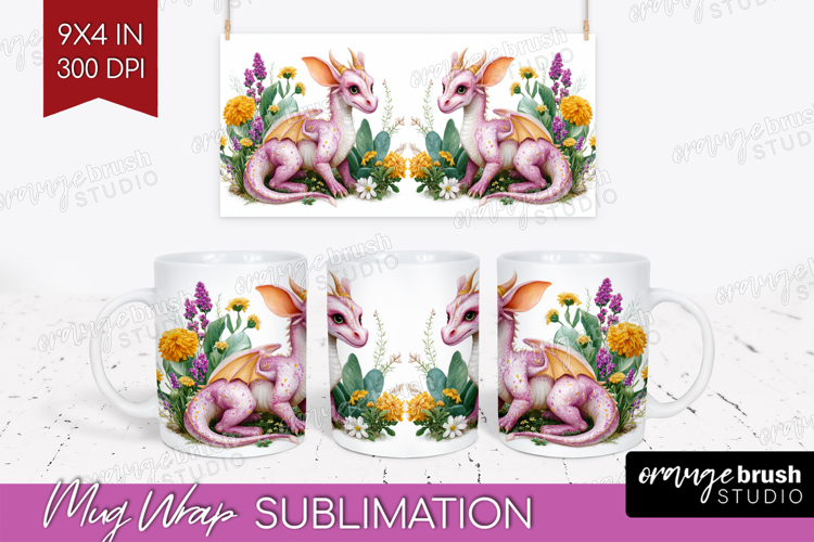 Floral Dragon Mug Wrap - Fantasy Mug PNG Sublimation example image 1