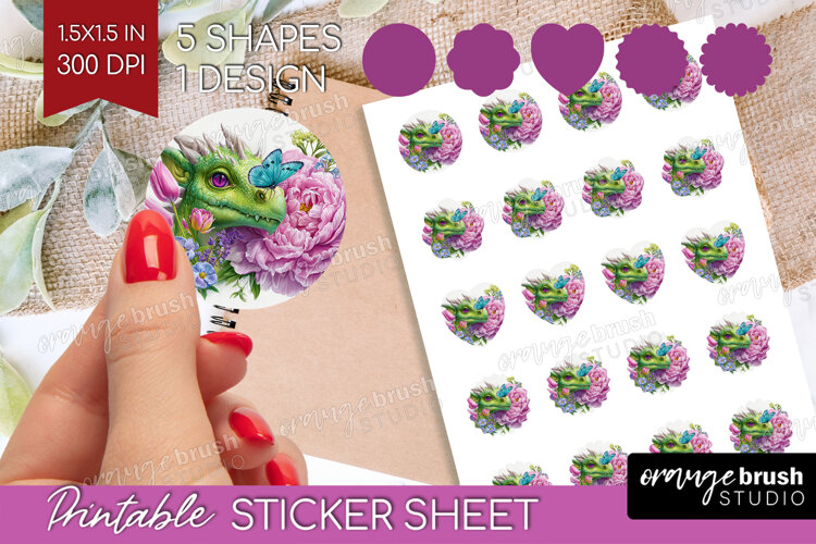 Floral Dragon Round Sticker - Fantasy Printable Sticker example image 1