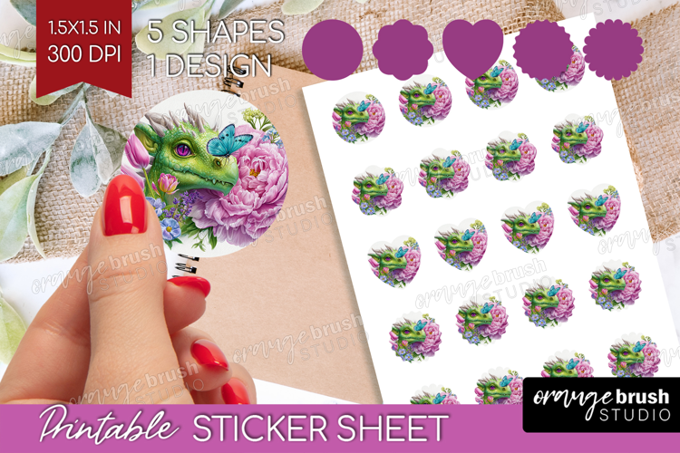Floral Dragon Round Sticker - Fantasy Printable Sticker