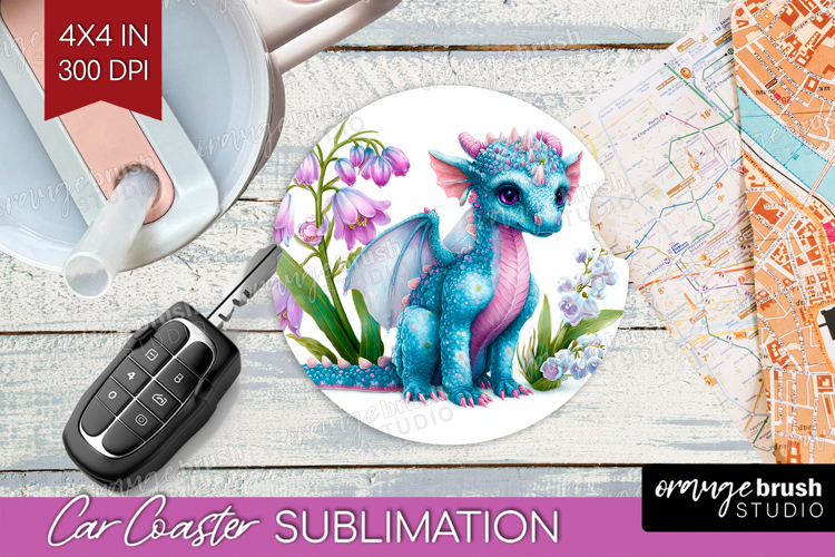 Floral Dragon Car Coaster - Fantasy Coaster PNG Sublimation