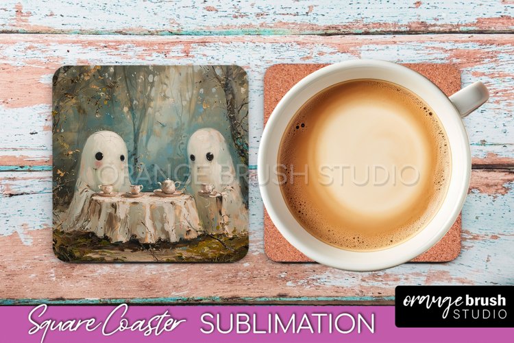 Ghost Coaster - Halloween Square Coaster Sublimation Design