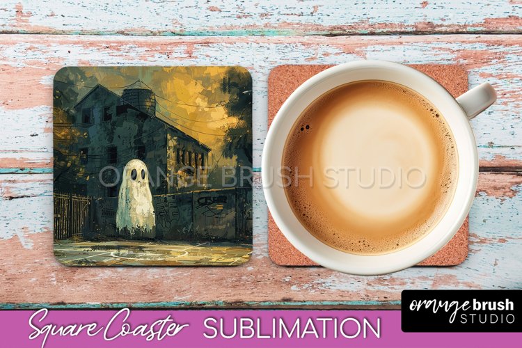 Ghost Coaster - Halloween Square Coaster Sublimation Design