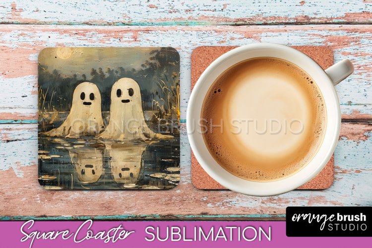 Ghost Coaster - Halloween Square Coaster Sublimation Design