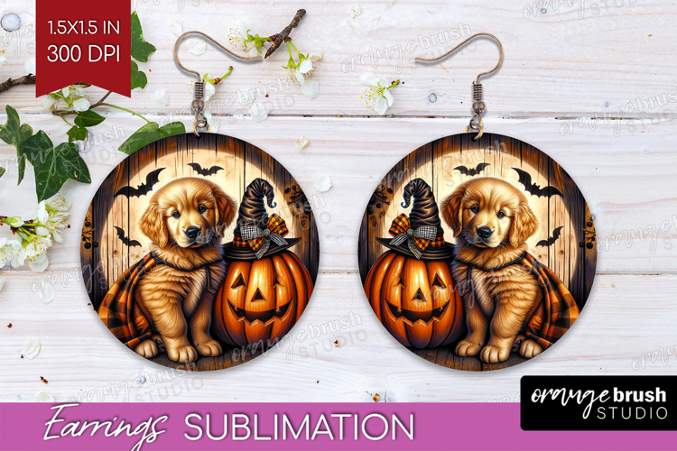 Golden Retriever Dog Round Earrings Halloween PNG