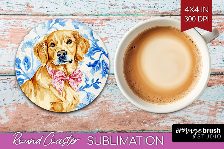 Golden Retriever Dog Round Coaster Blue Toile Coaster PNG