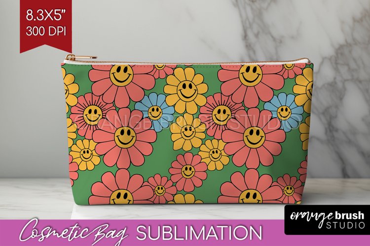 Retro Flowers Cosmetic Bag - Groovy Makeup Bag PNG