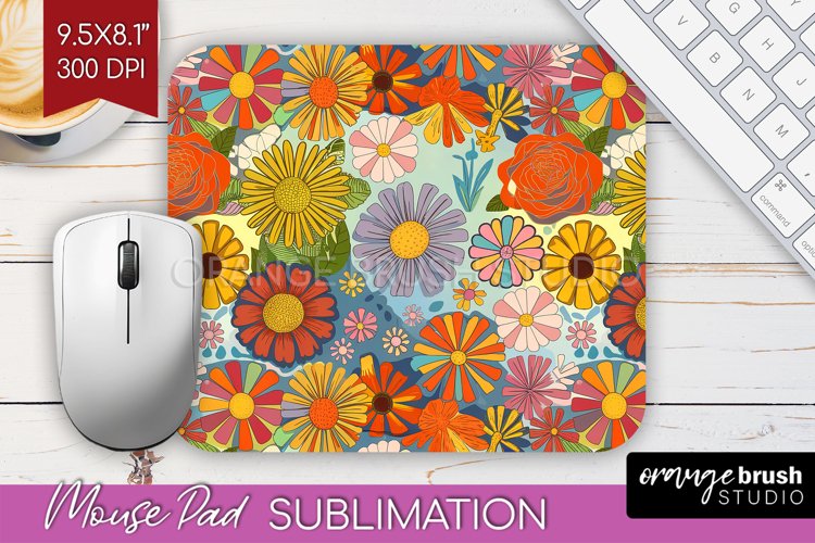 Retro Flowers Mouse Pad Sublimation - Groovy Mousepad PNG