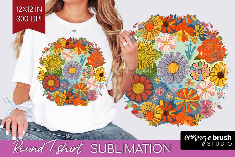 Retro Flowers Round Tshirt Background - Groovy PNG example image 1