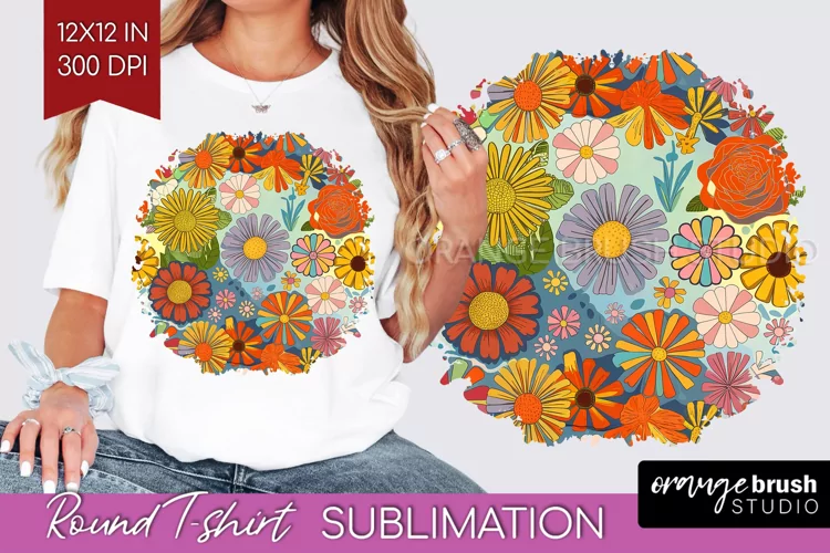 Retro Flowers Round Tshirt Background - Groovy PNG