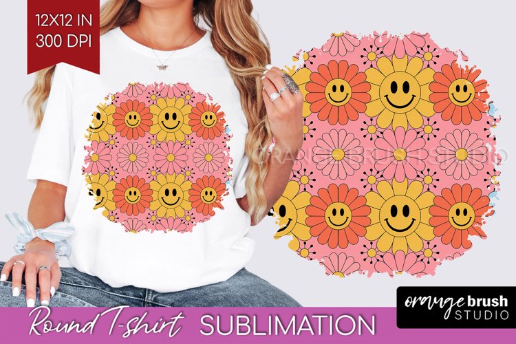 Retro Flowers Round Tshirt Background - Groovy PNG