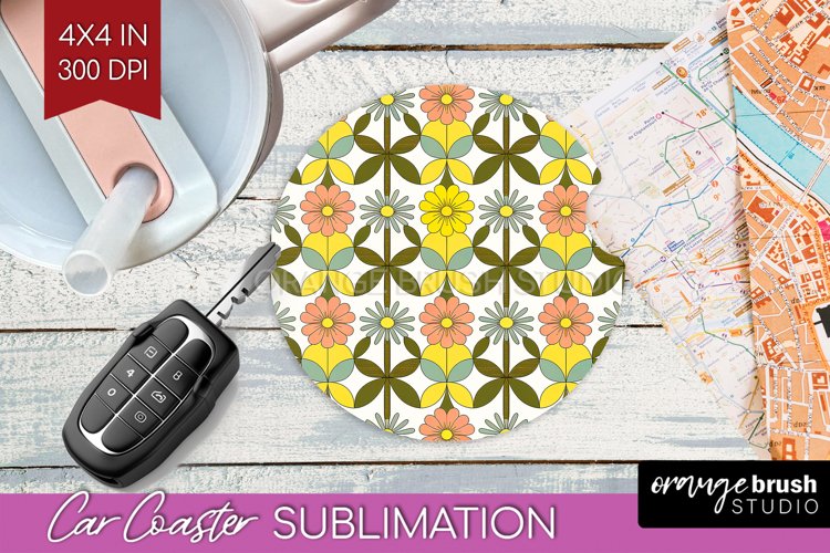 Retro Flowers Car Coaster - Groovy Coaster PNG Sublimation