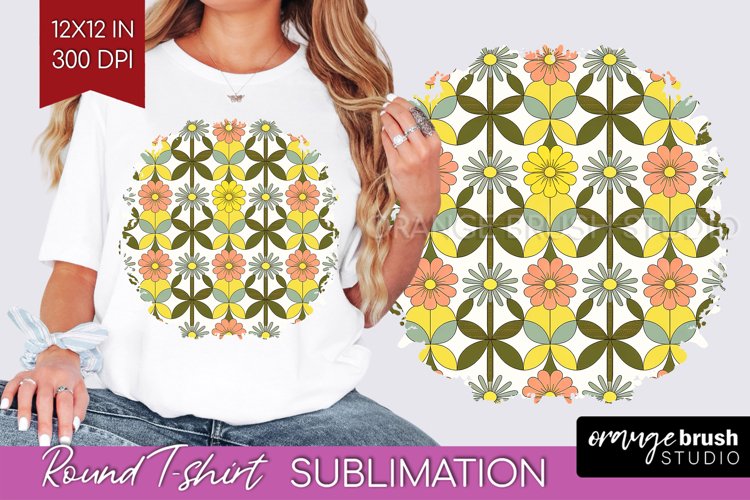 Retro Flowers Round Tshirt Background - Groovy PNG