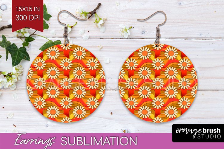 Retro Flowers Round Earrings - Groovy PNG Sublimation