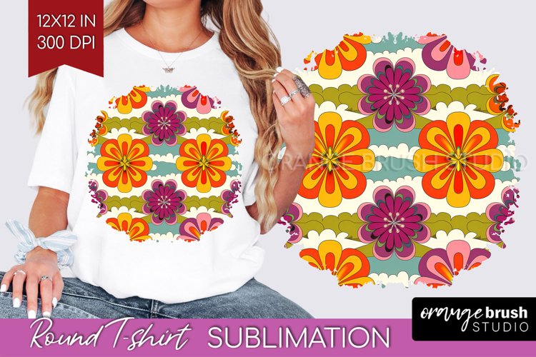 Retro Flowers Round Tshirt Background - Groovy PNG