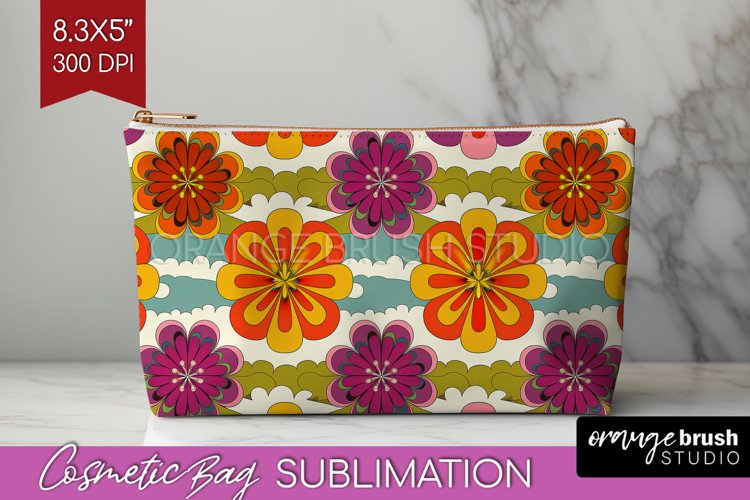 Retro Flowers Cosmetic Bag - Groovy Makeup Bag PNG