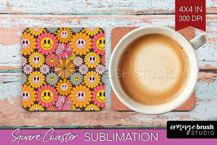 Retro Flowers Square Coaster - Groovy Coaster PNG