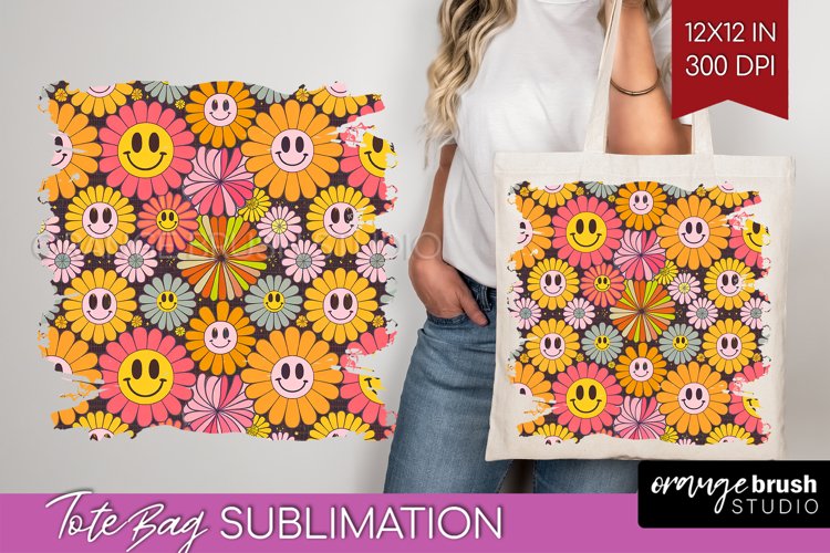 Retro Flowers Tote Bag - Groovy Tote Bag PNG Sublimation