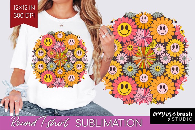 Retro Flowers Round Tshirt Background - Groovy PNG