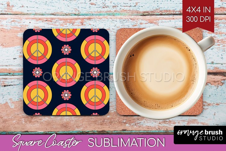 Retro Flowers Square Coaster - Groovy Coaster PNG example image 1