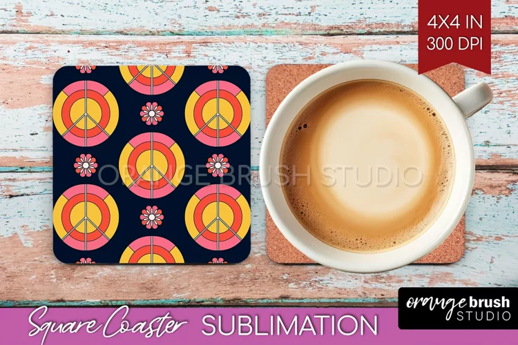 Retro Flowers Square Coaster - Groovy Coaster PNG