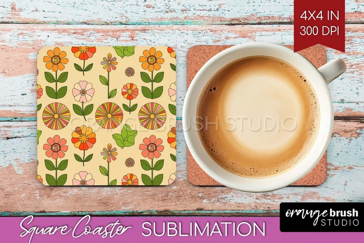 Retro Flowers Square Coaster - Groovy Coaster PNG