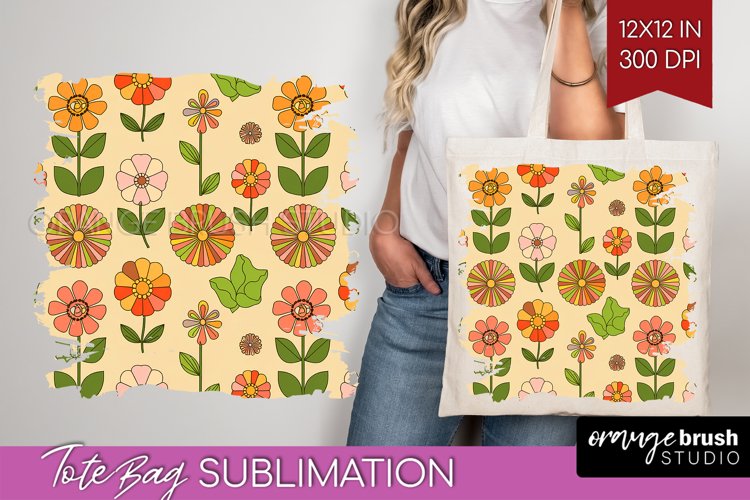 Retro Flowers Tote Bag - Groovy Tote Bag PNG Sublimation