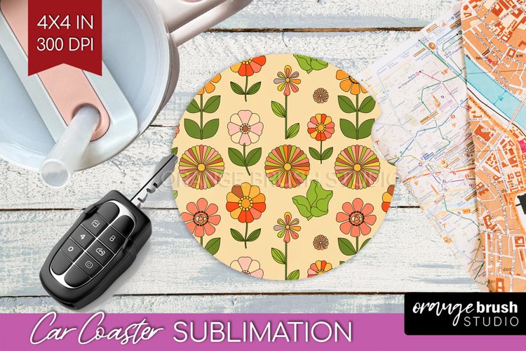 Retro Flowers Car Coaster - Groovy Coaster PNG Sublimation