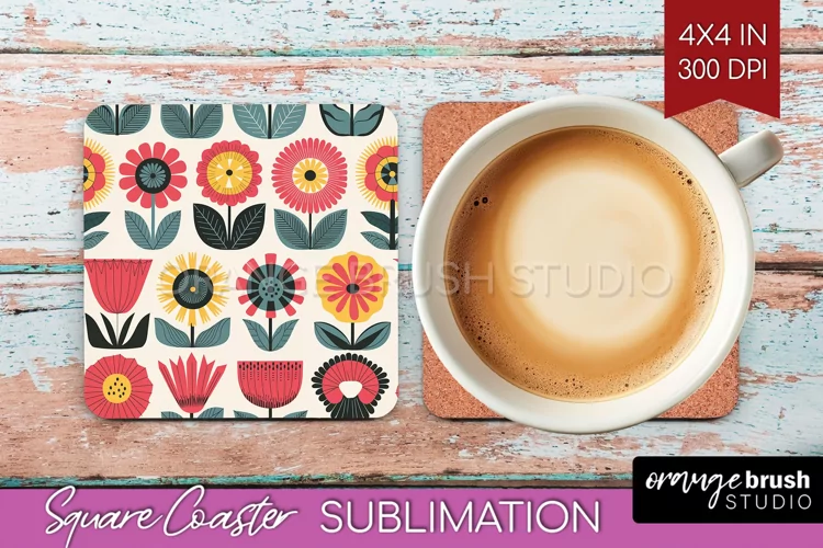Retro Flowers Square Coaster - Groovy Coaster PNG