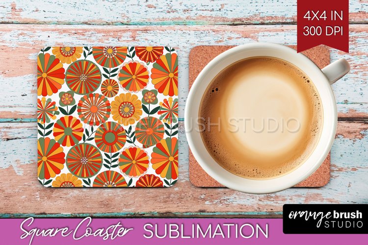 Retro Flowers Square Coaster - Groovy Coaster PNG