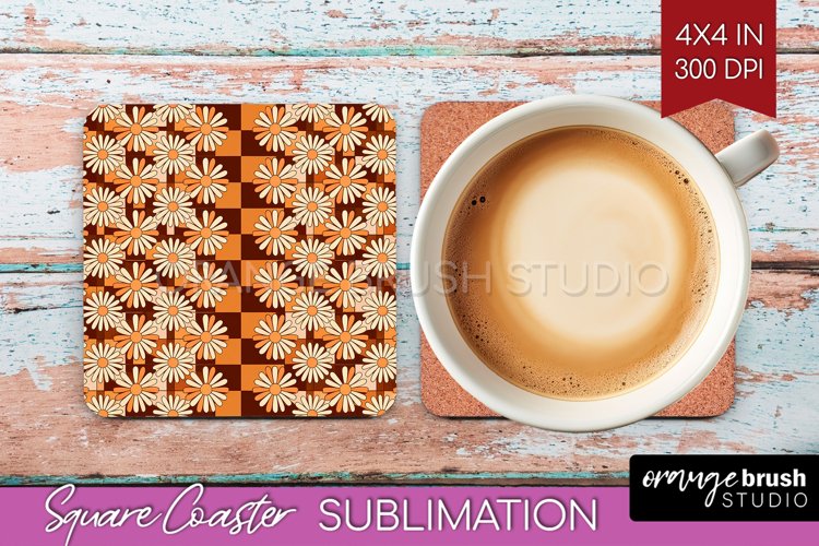 Retro Flowers Square Coaster - Groovy Coaster PNG example image 1