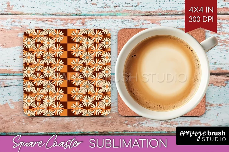 Retro Flowers Square Coaster - Groovy Coaster PNG