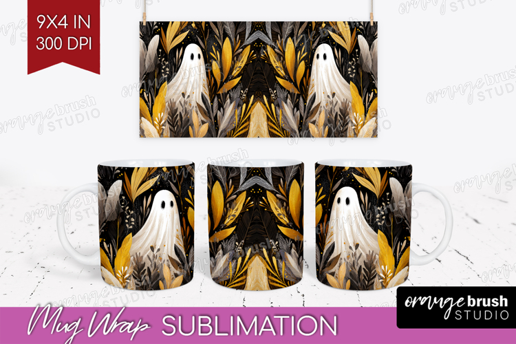 Cute Ghost Mug Wrap - Spooky Halloween Mug PNG Sublimation