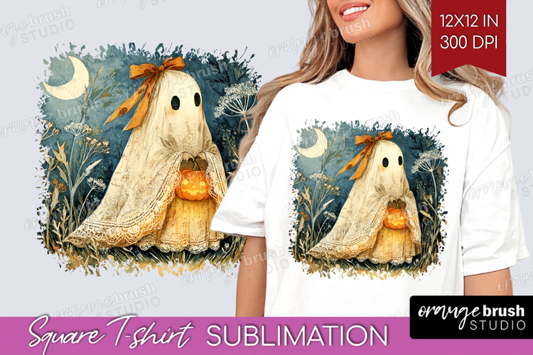 Cute Ghost Square Tshirt Background - Spooky Halloween PNG