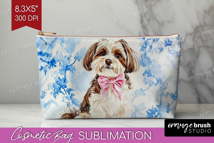 Havanese Dog Cosmetic Bag Blue Toile Makeup Bag PNG