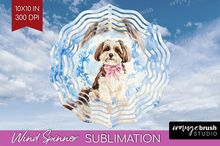 Havanese Dog Wind Spinner Sublimation PNG Blue Toile Round