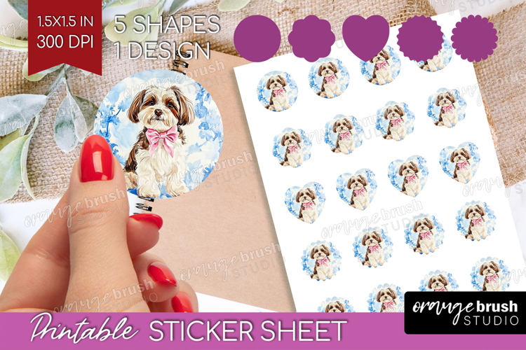 Havanese Dog Round Sticker Blue Toile Printable Sticker