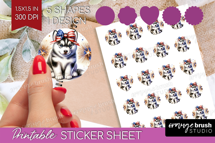 Husky Dog Round Sticker Patriotic Dog Printable Sticker