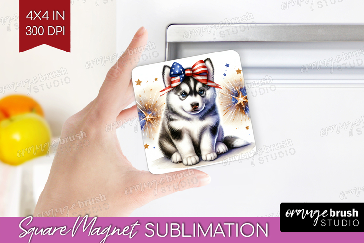 Husky Dog Magnet Sublimation Patriotic Dog Square Magnet PNG